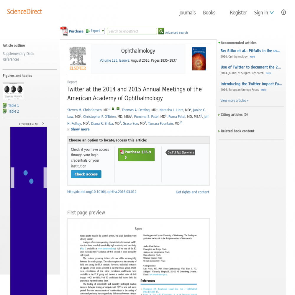 A healthcare social media research article published in Ophthalmology, August 1, 2016