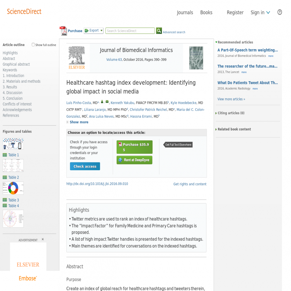 A healthcare social media research article published in Journal of Biomedical Informatics, October 1, 2016
