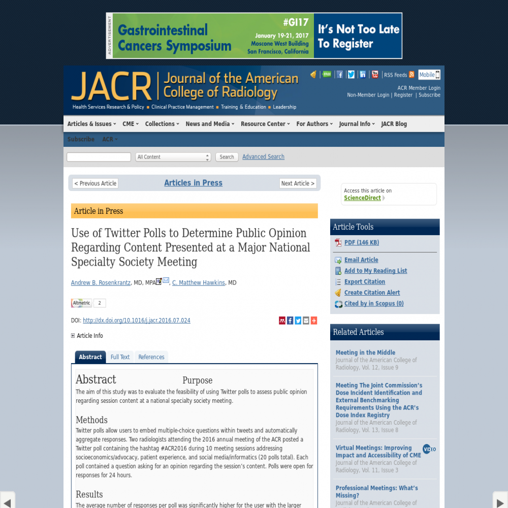 A healthcare social media research article published in Journal of the American College of Radiology, February 1, 2017