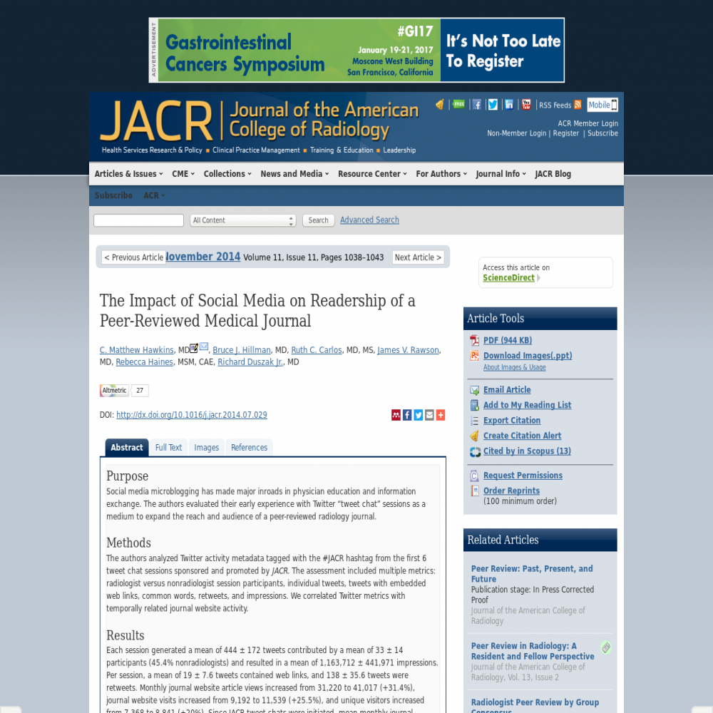 A healthcare social media research article published in Journal of the American College of Radiology, November 1, 2014