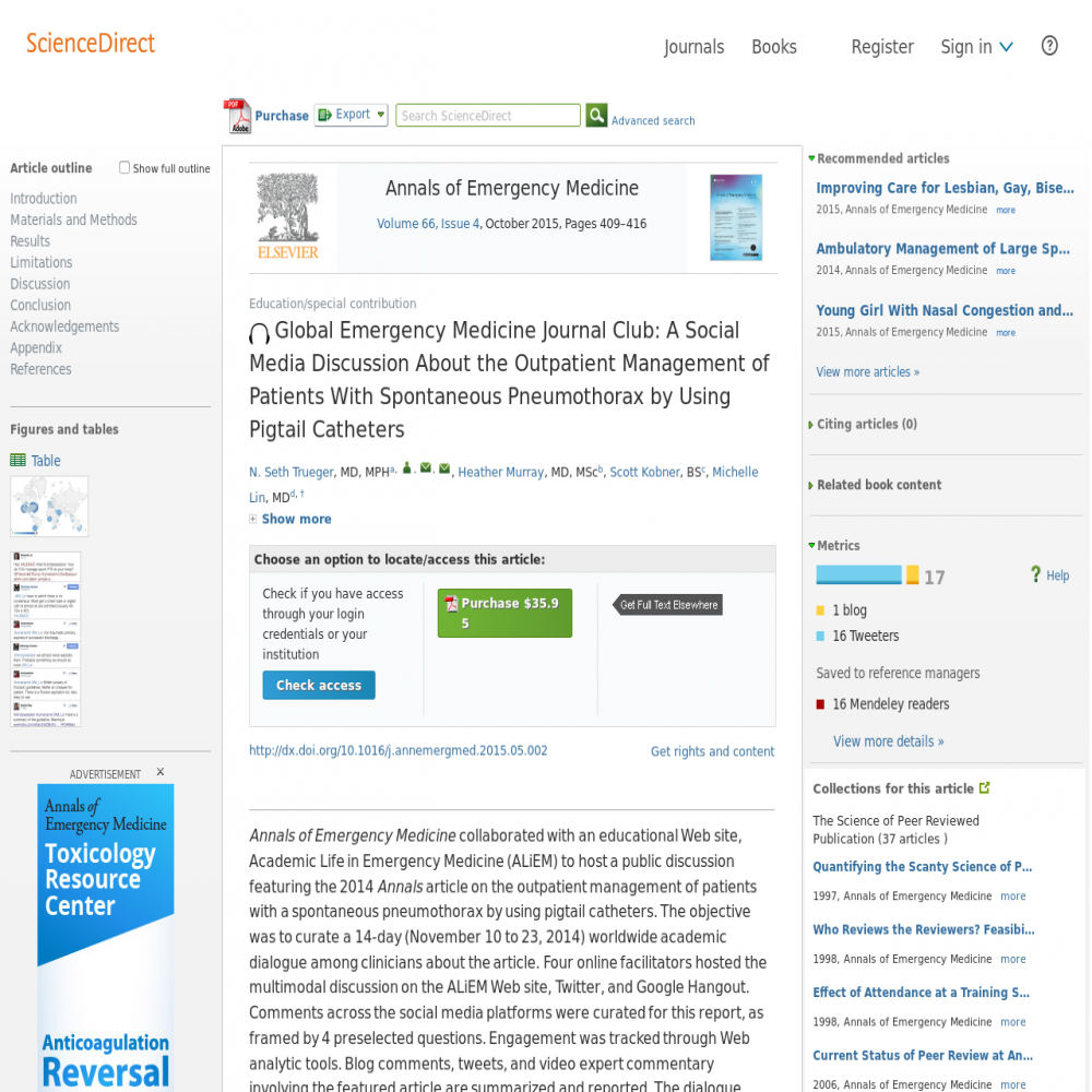 A healthcare social media research article published in Annals of Emergency Medicine, October 1, 2015