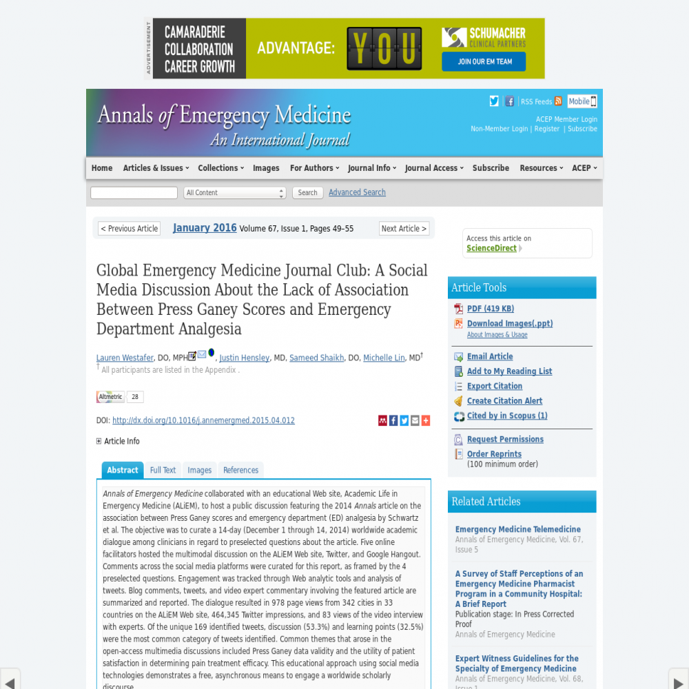 A healthcare social media research article published in Annals of Emergency Medicine, January 1, 2016
