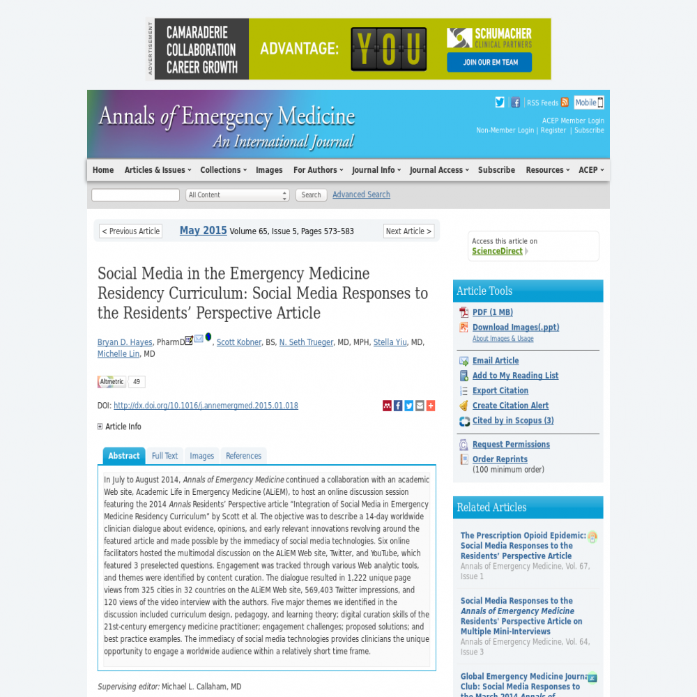 A healthcare social media research article published in Annals of Emergency Medicine, May 1, 2015