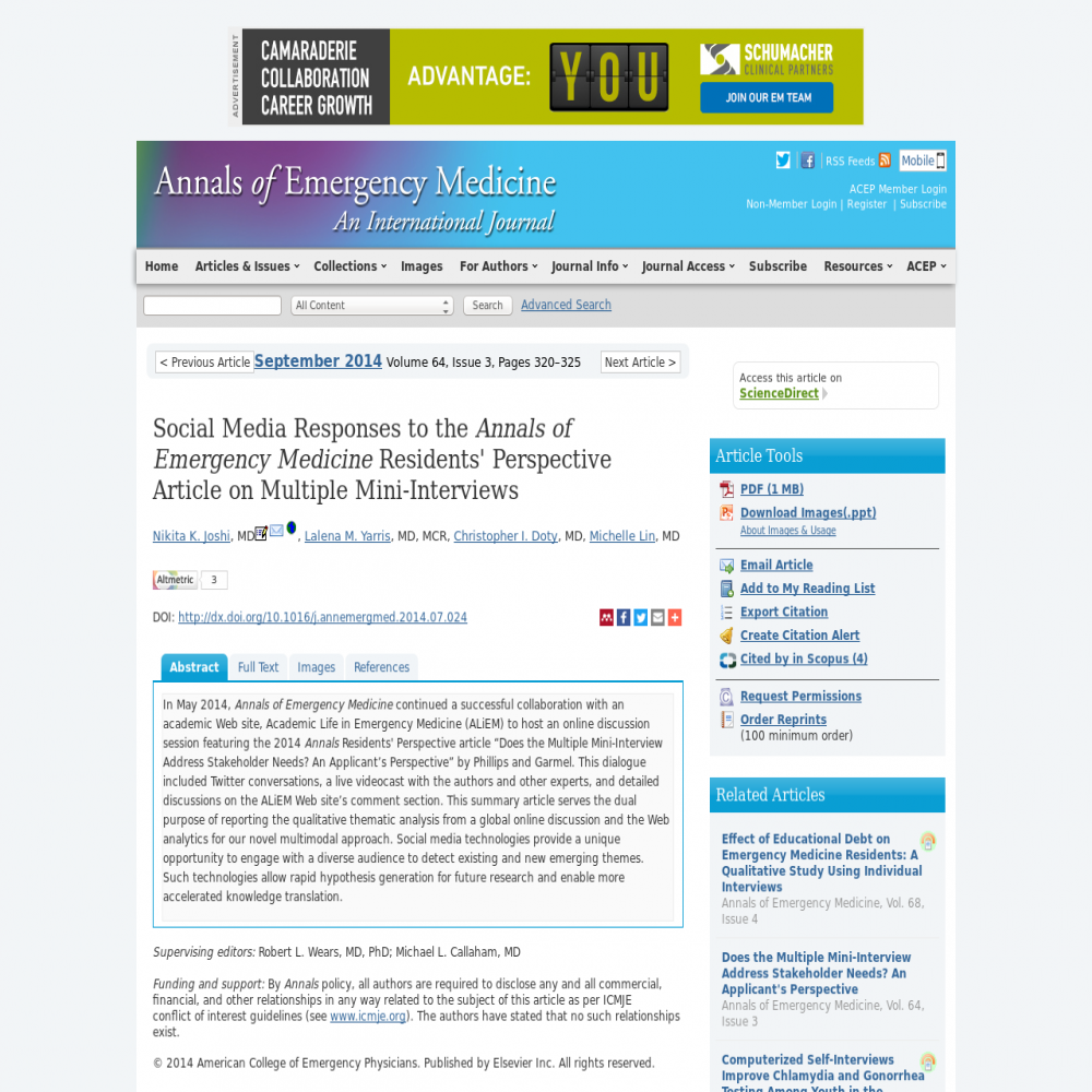A healthcare social media research article published in Annals of Emergency Medicine, September 1, 2014