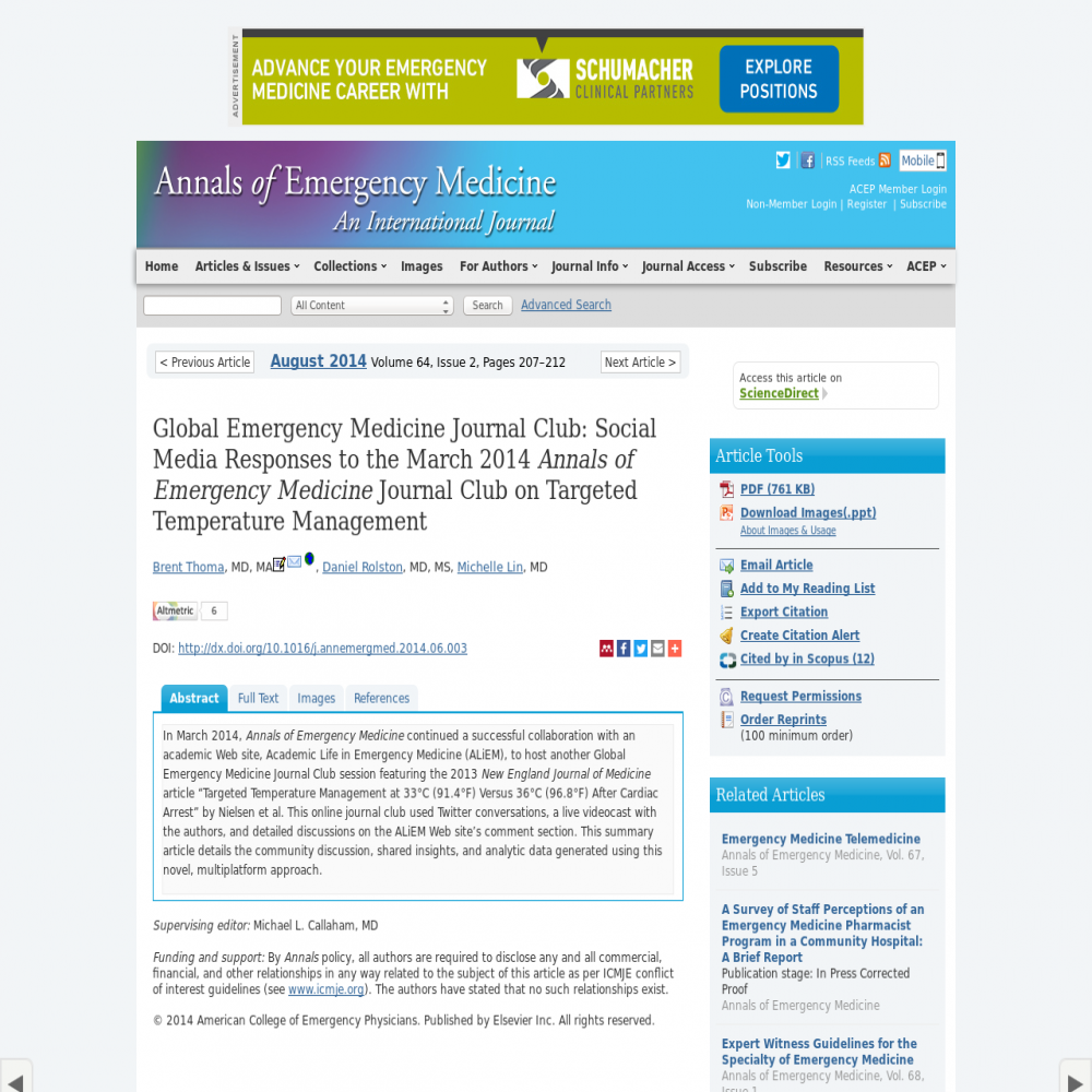 A healthcare social media research article published in Annals of Emergency Medicine, August 1, 2014