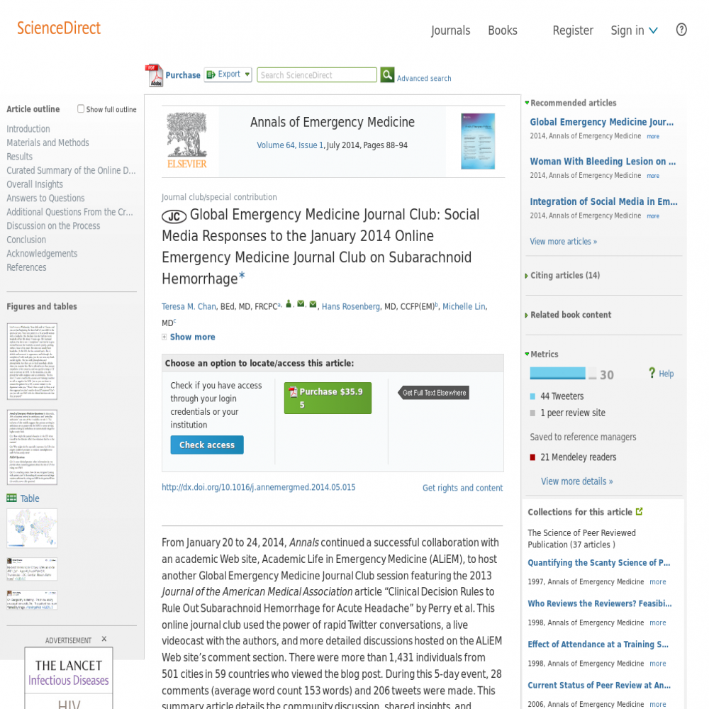 A healthcare social media research article published in Annals of Emergency Medicine, July 1, 2014