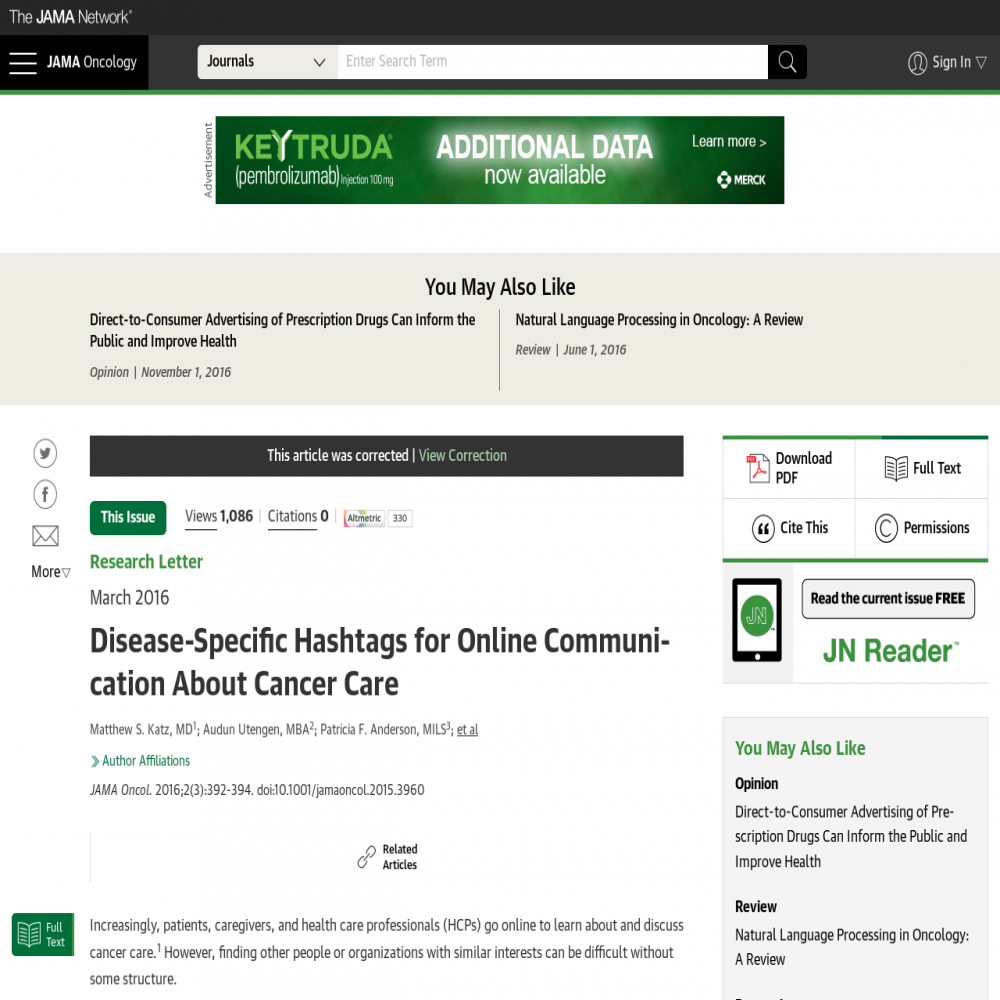 A healthcare social media research article published in JAMA Oncology, March 1, 2016