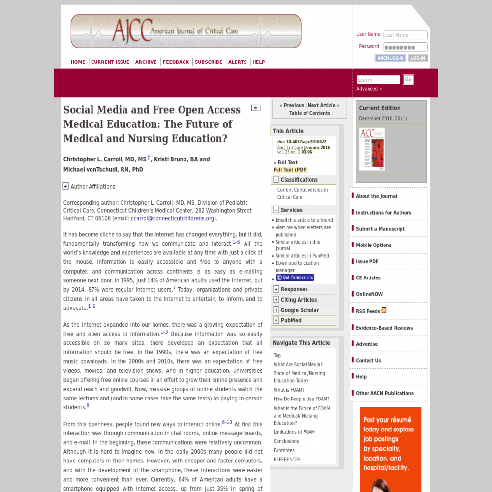 A healthcare social media research article published in American Journal of Critical Care, January 1, 2016