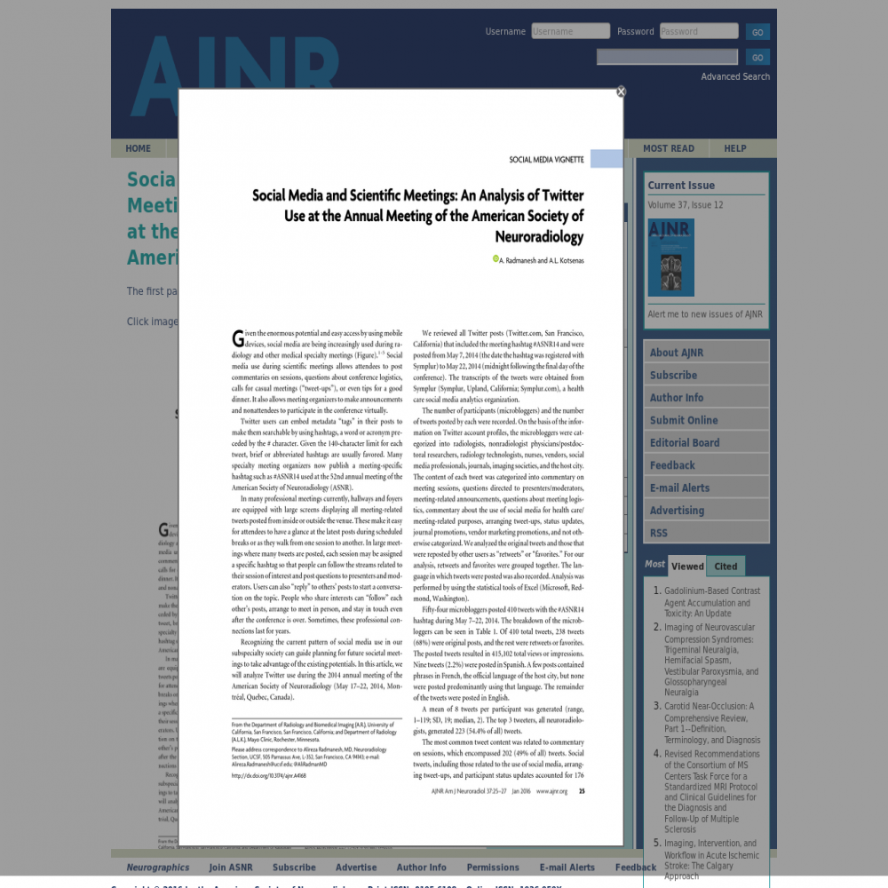 A healthcare social media research article published in American Journal of Neuroradiology, November 27, 2014