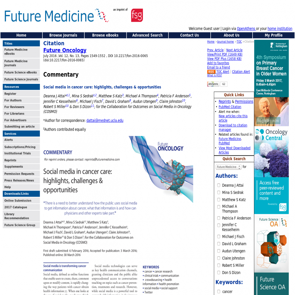 A healthcare social media research article published in Future Oncology, July 1, 2016