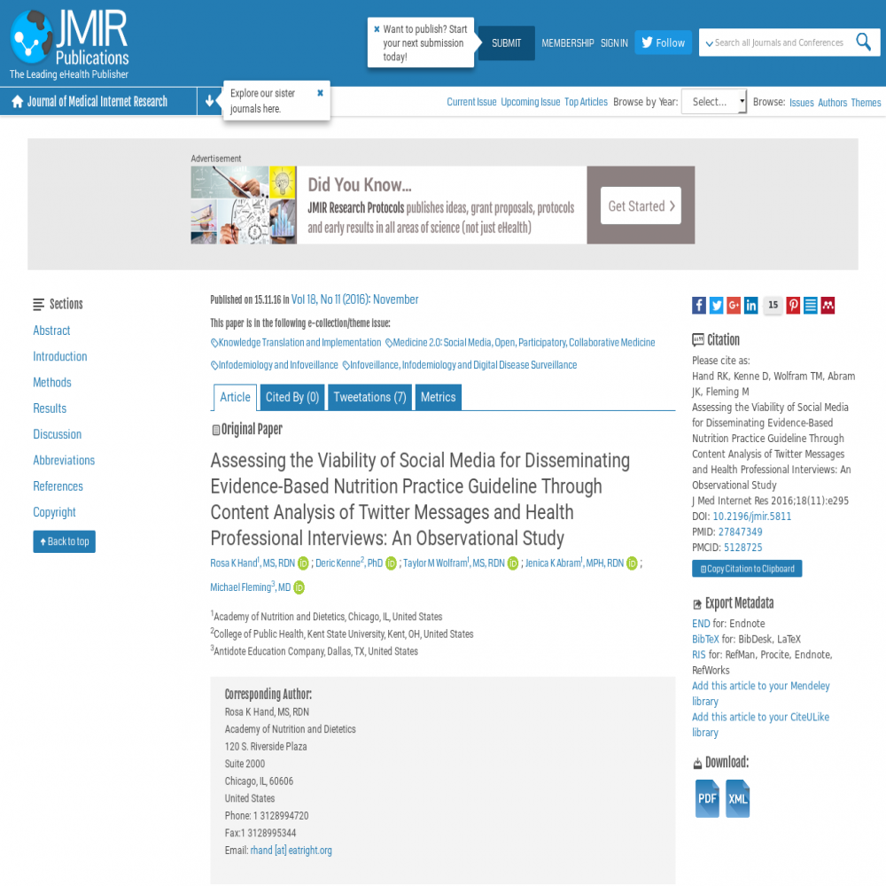 A healthcare social media research article published in Journal of Medical Internet Research, November 15, 2016