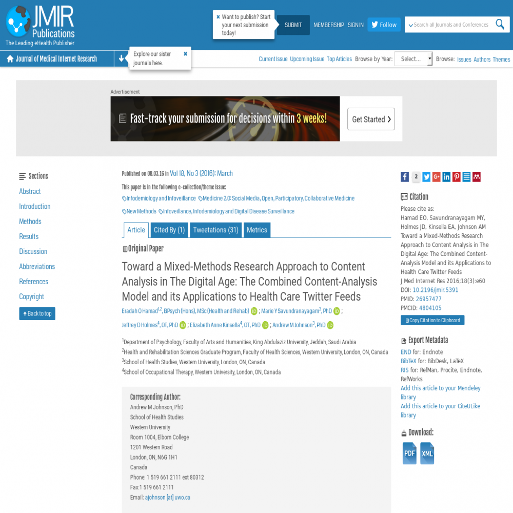 A healthcare social media research article published in Journal of Medical Internet Research, March 8, 2016