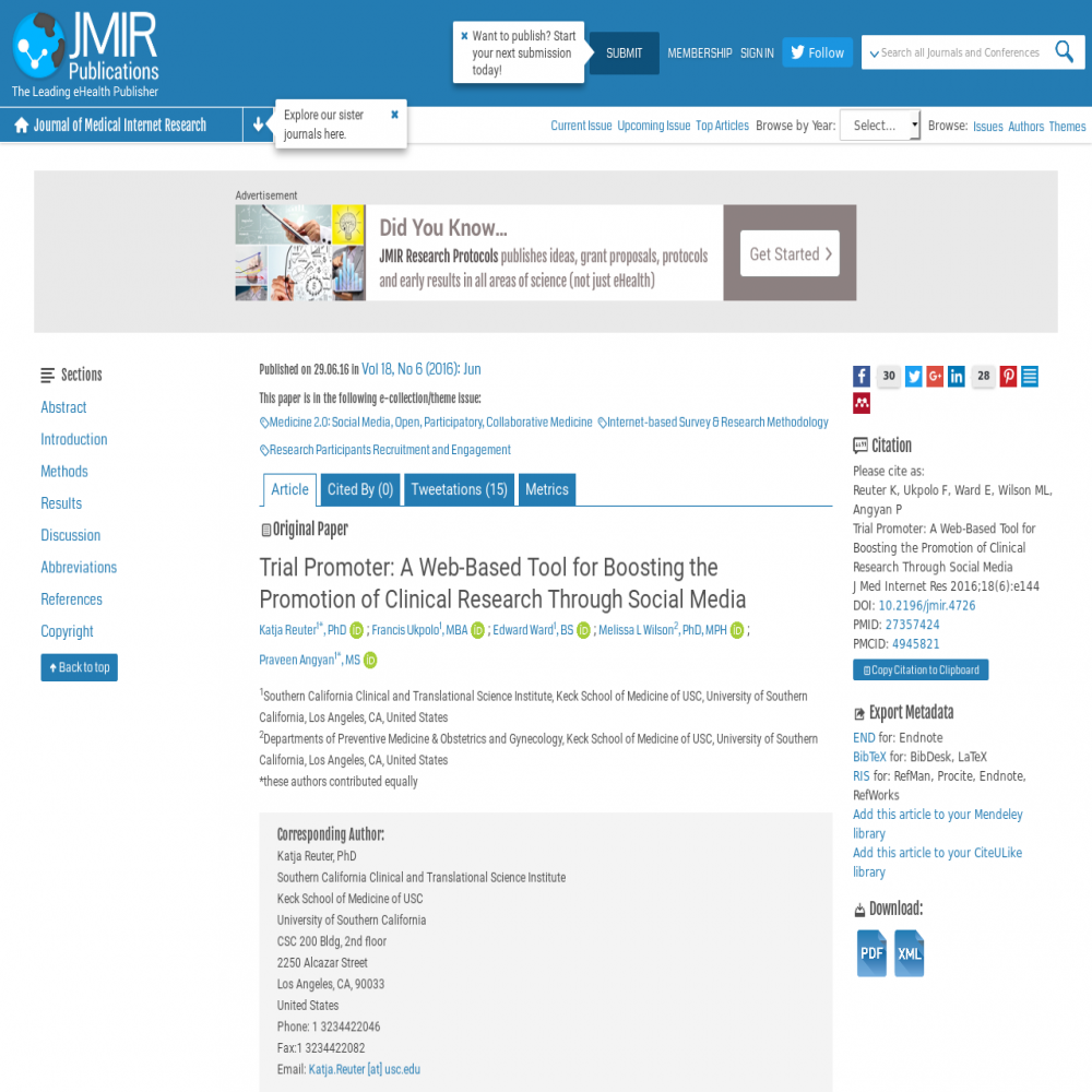 A healthcare social media research article published in Journal of Medical Internet Research, January 1, 2016