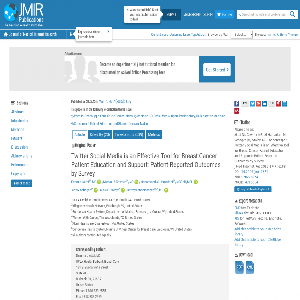 A healthcare social media research article published in Journal of Medical Internet Research, July 30, 2015