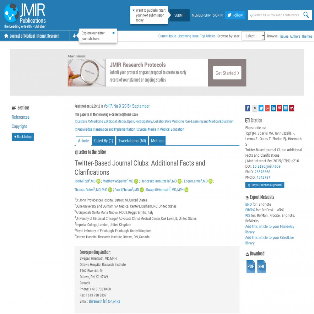 A healthcare social media research article published in Journal of Medical Internet Research, January 1, 2015