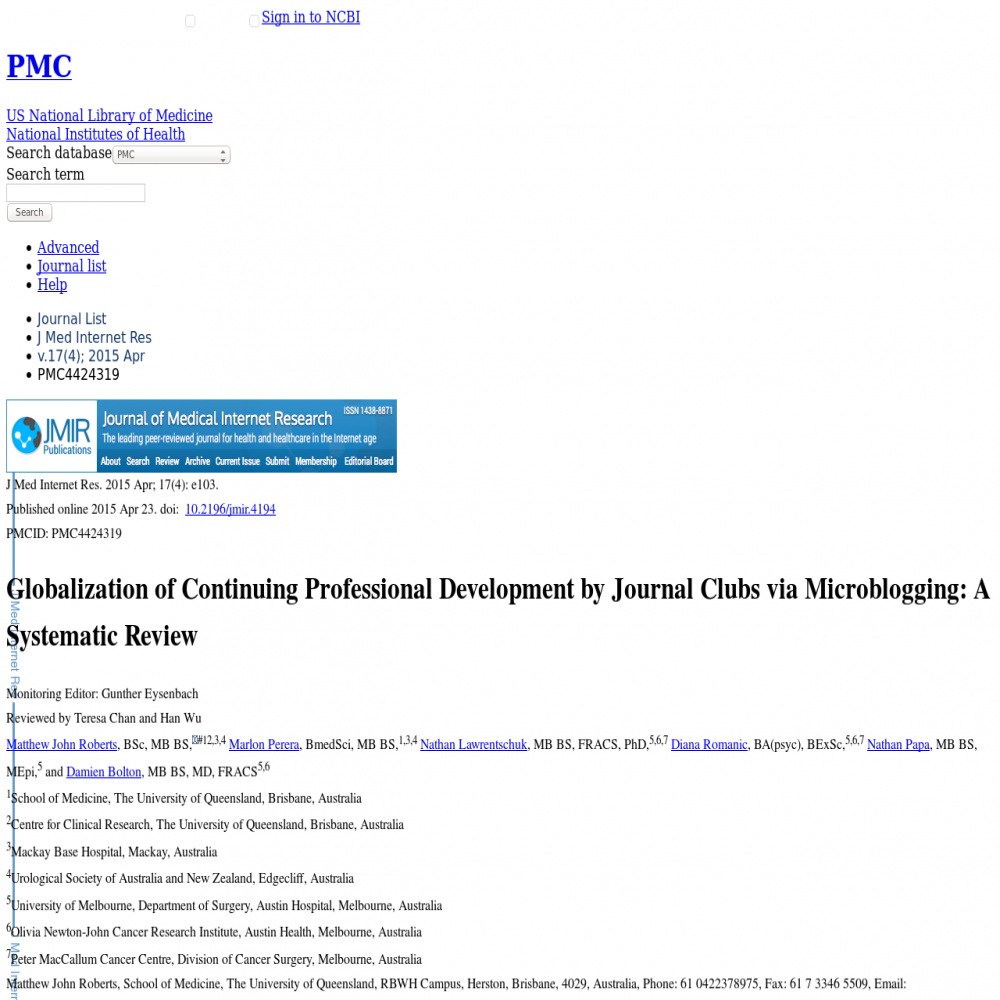 A healthcare social media research article published in Journal of Medical Internet Research, April 23, 2015