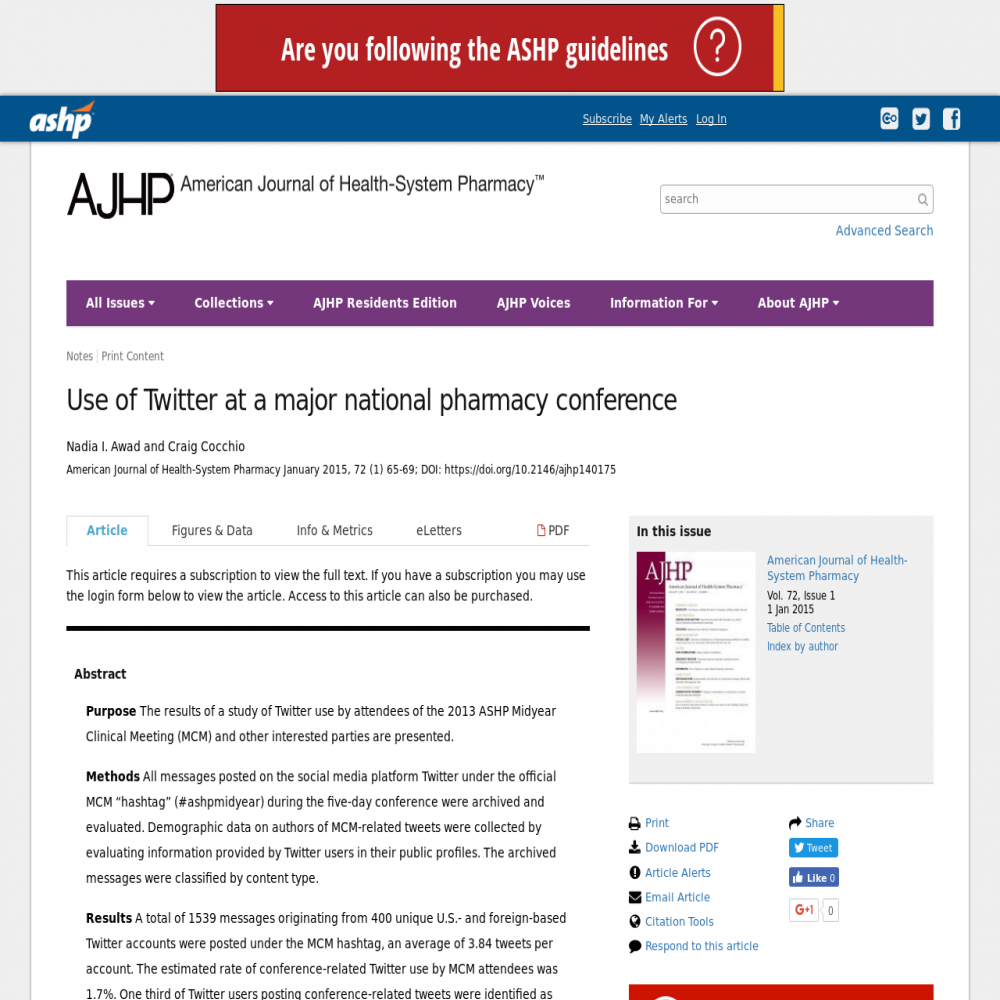 A healthcare social media research article published in American Journal of Health-System Pharmacy, January 1, 2015