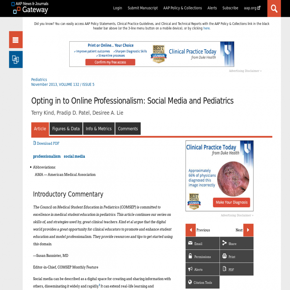 A healthcare social media research article published in Pediatrics, October 21, 2013