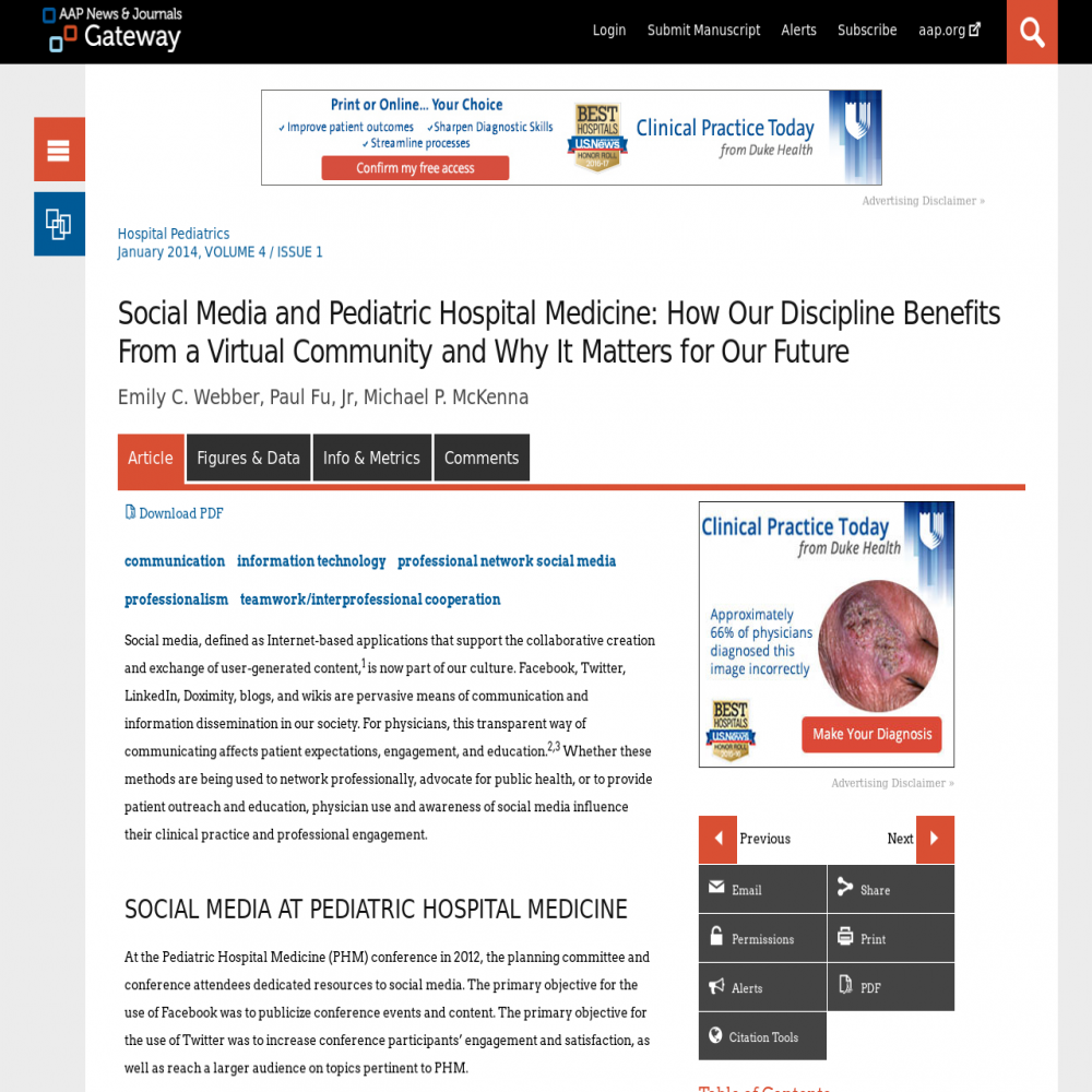 A healthcare social media research article published in Hospital Pediatrics, January 1, 2014