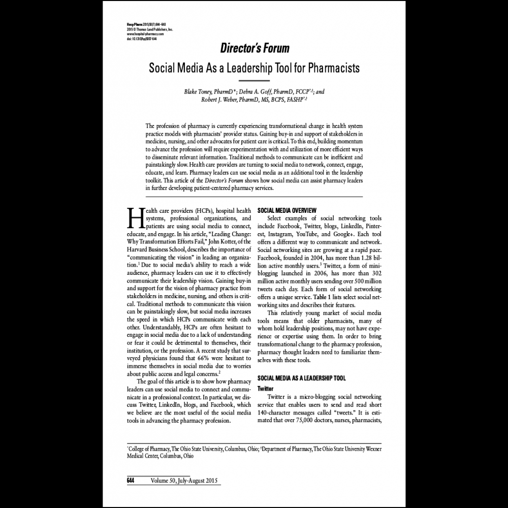 A healthcare social media research article published in Hospital Pharmacy, July 1, 2015