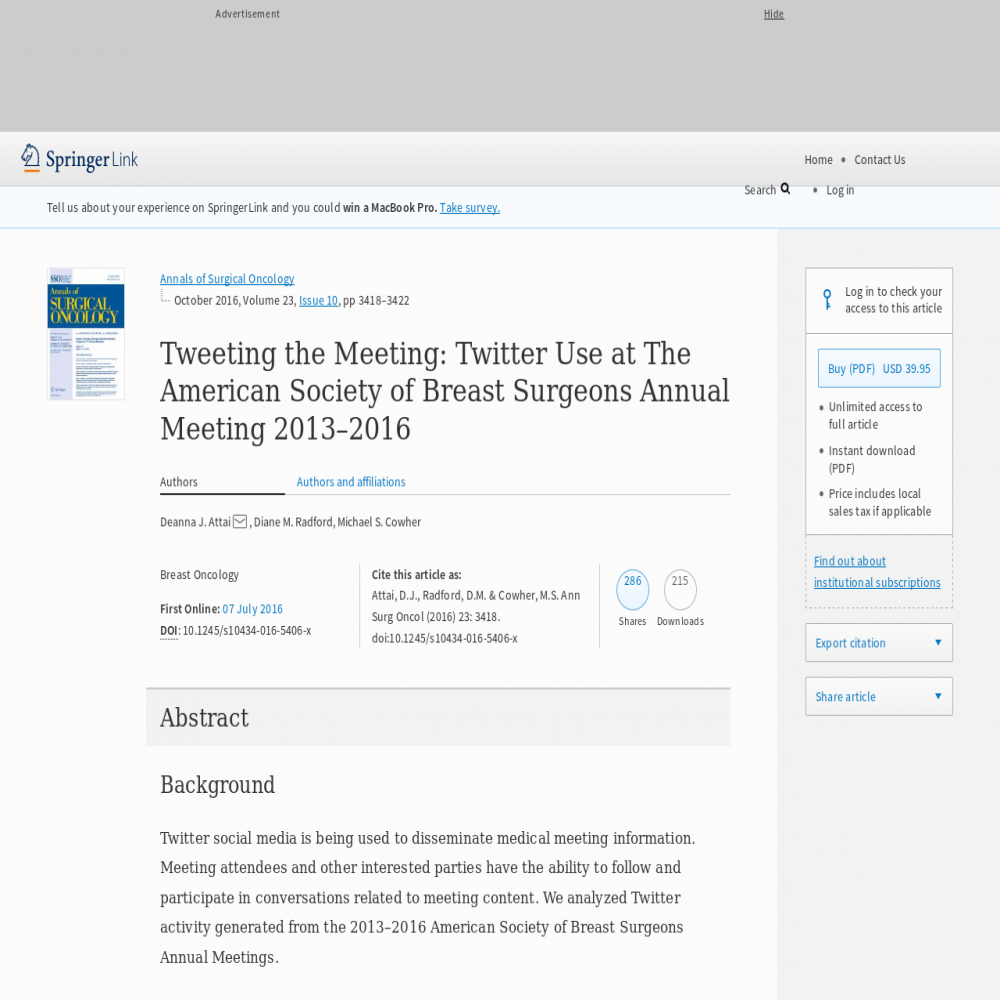 A healthcare social media research article published in Annals of Surgical Oncology, July 7, 2016