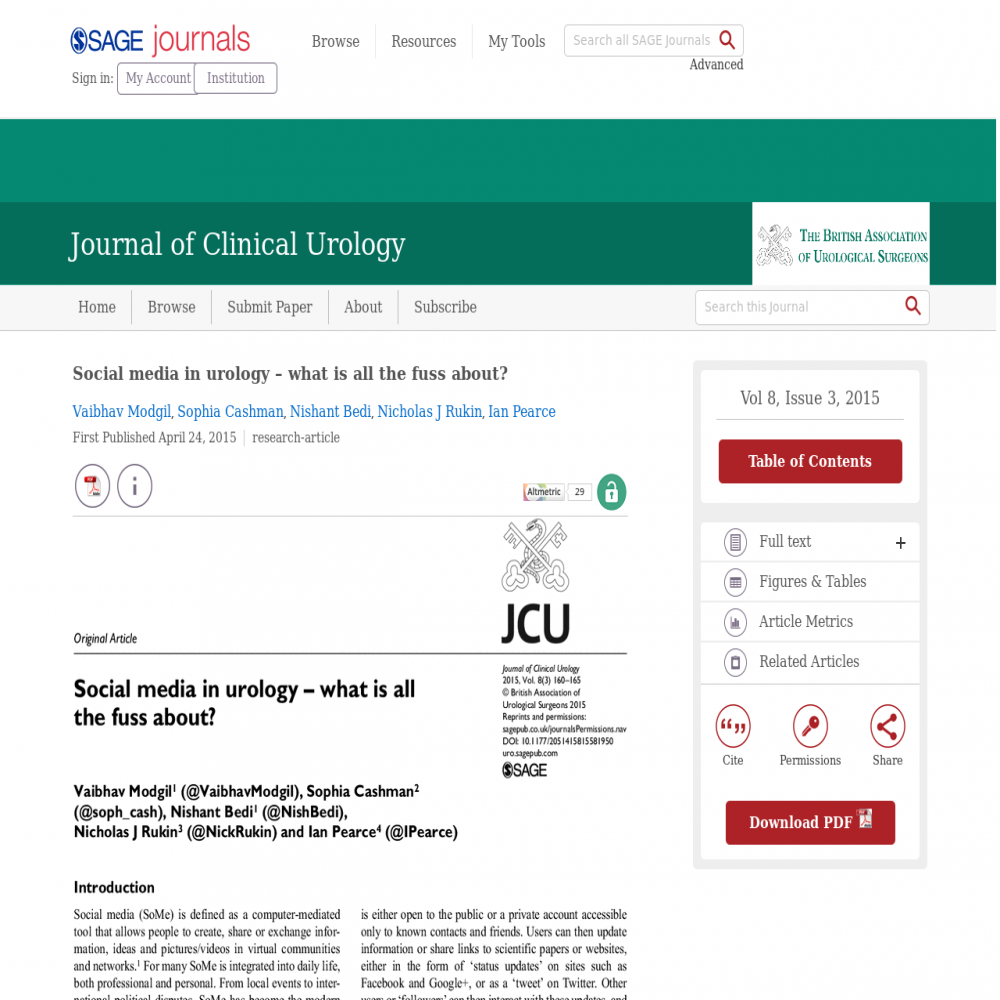 A healthcare social media research article published in Journal of Clinical Urology, April 24, 2015