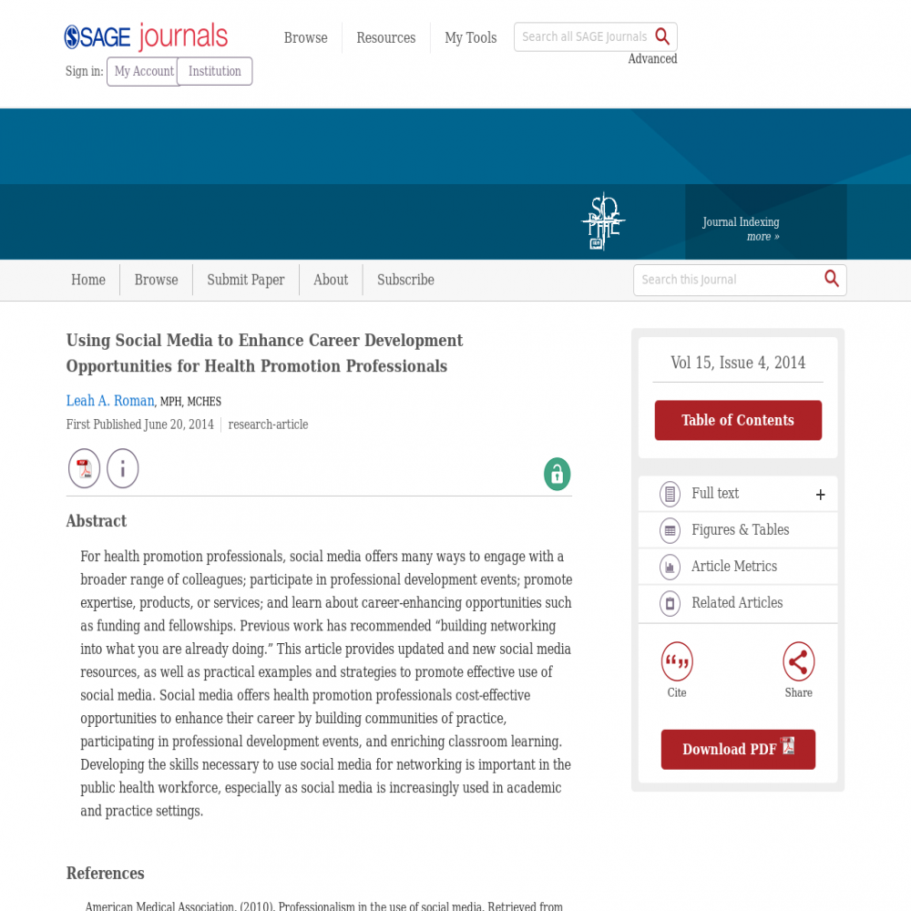 A healthcare social media research article published in Health Promotion Practice, June 20, 2014