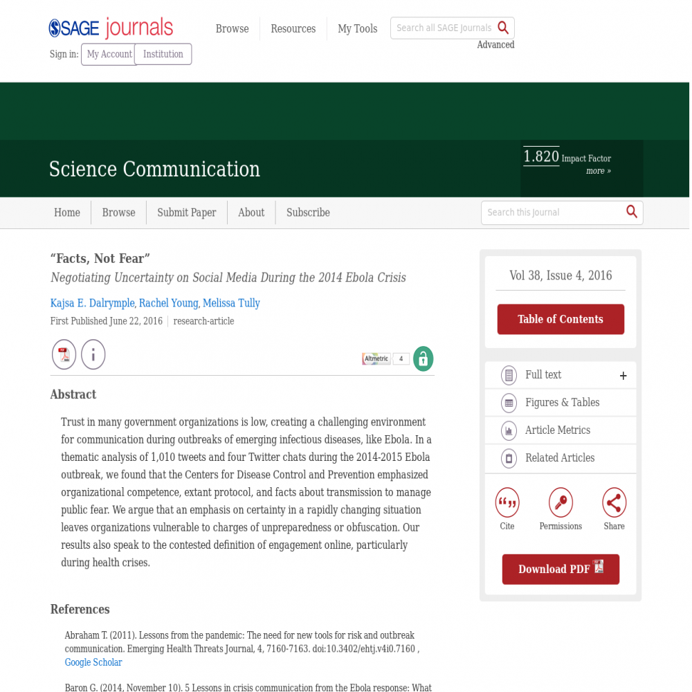 A healthcare social media research article published in Science Communication, June 22, 2016