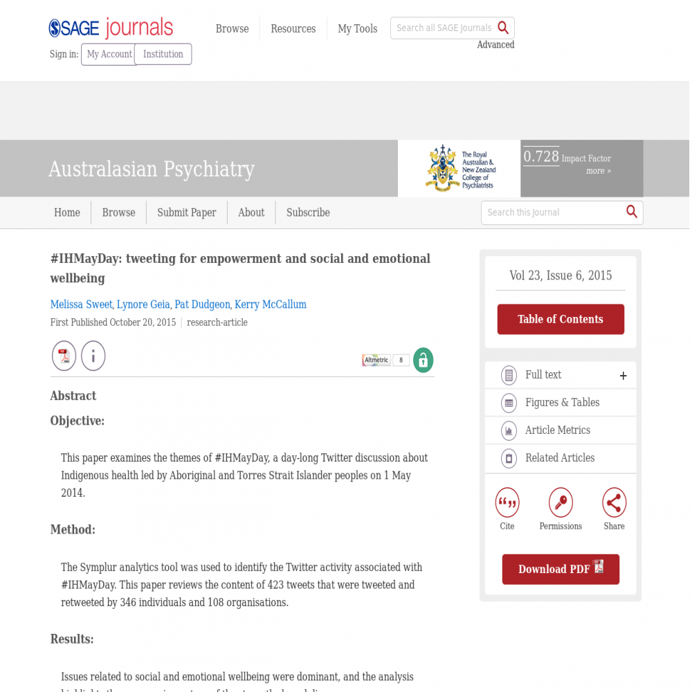 A healthcare social media research article published in Australasian Psychiatry, October 20, 2015