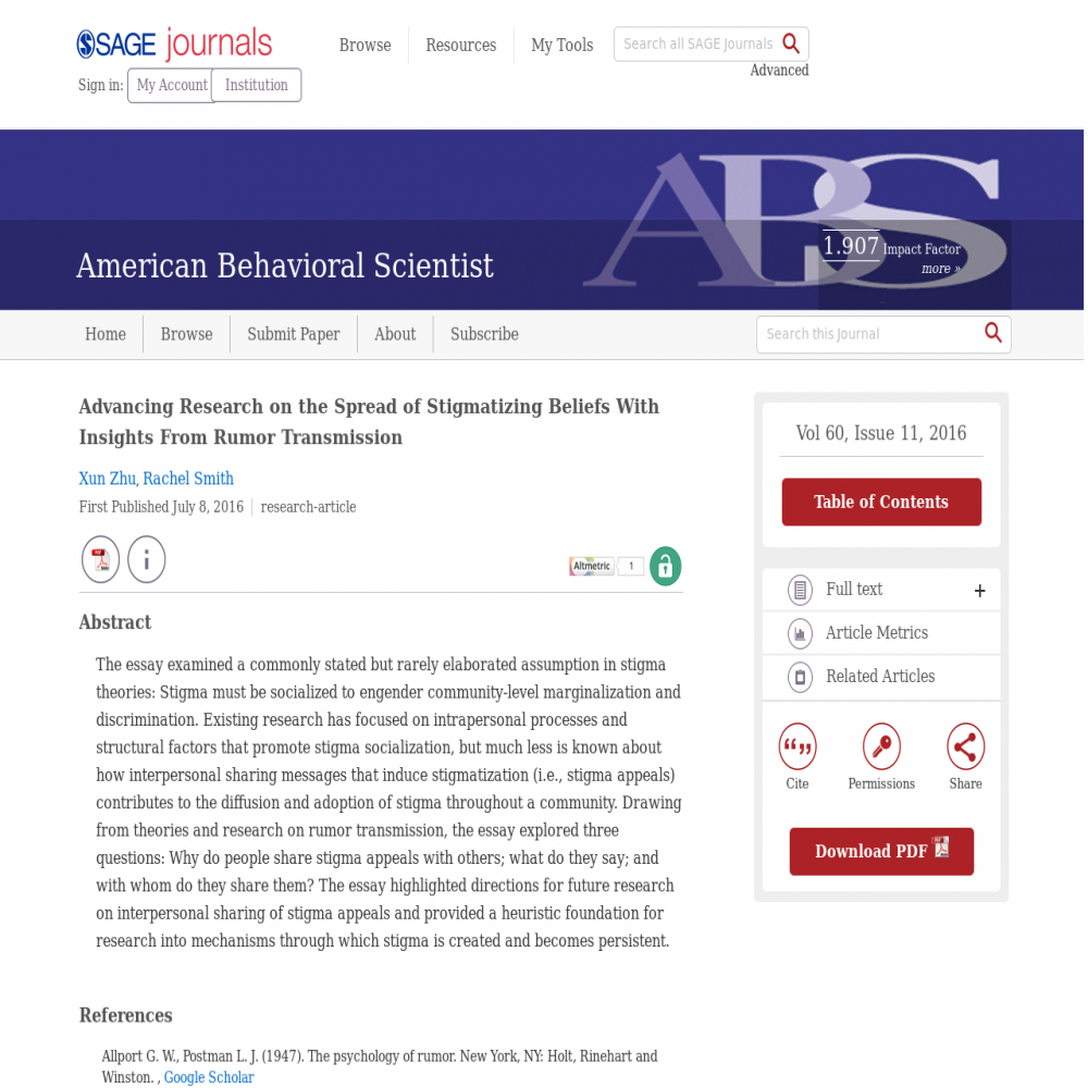 A healthcare social media research article published in American Behavioral Scientist, July 28, 2016