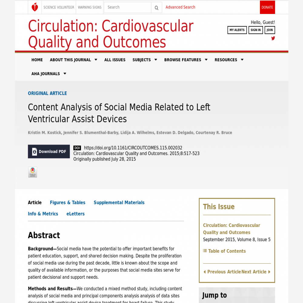 A healthcare social media research article published in Circulation: Cardiovascular Quality & Outcomes, July 28, 2015
