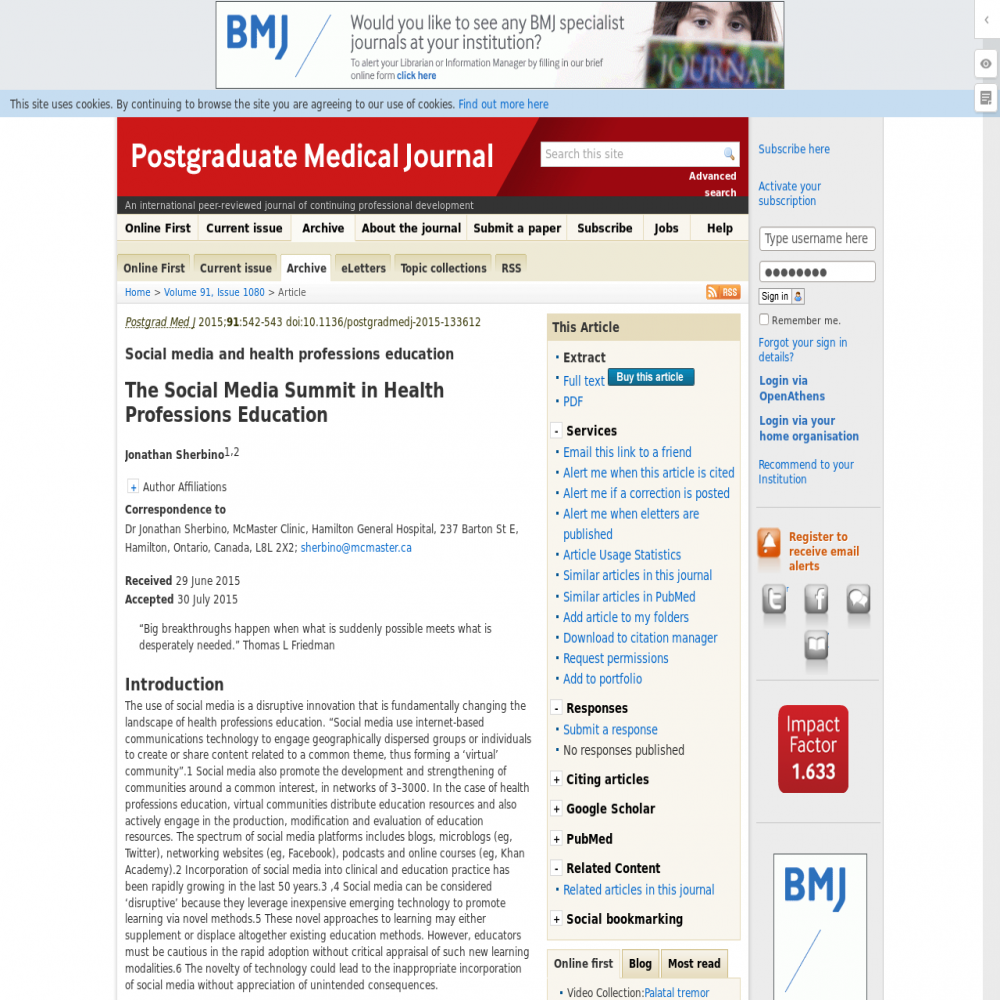 A healthcare social media research article published in Postgraduate Medical Journal, September 24, 2015