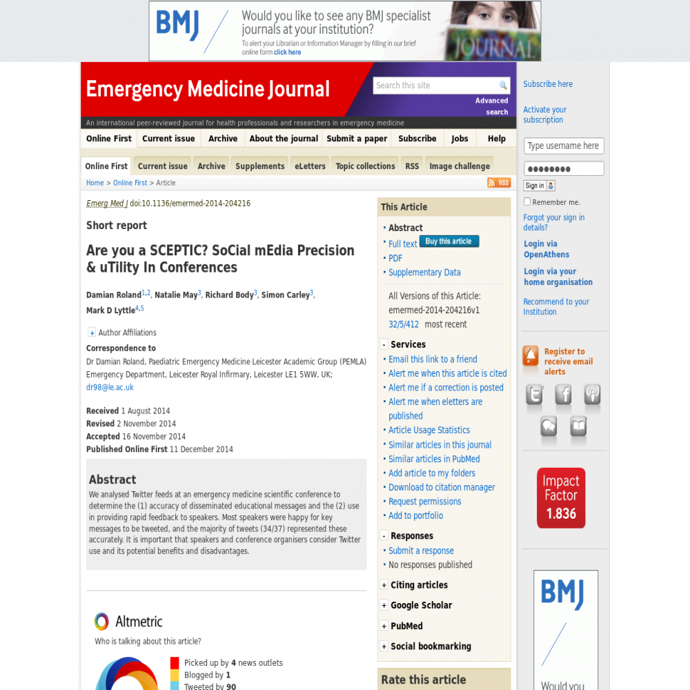 A healthcare social media research article published in Emergency Medicine Journal, December 11, 2014