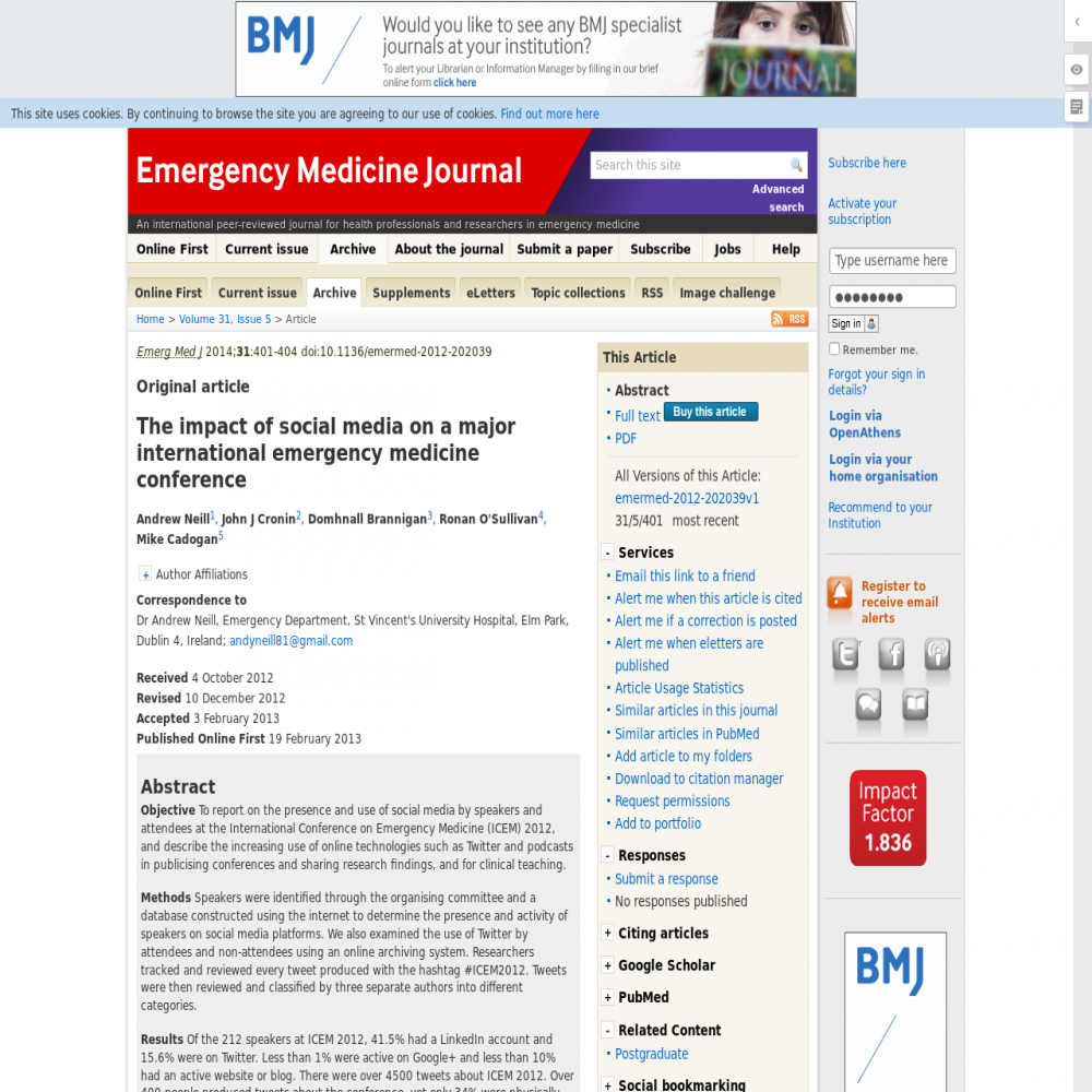 A healthcare social media research article published in Emergency Medicine Journal, February 19, 2013