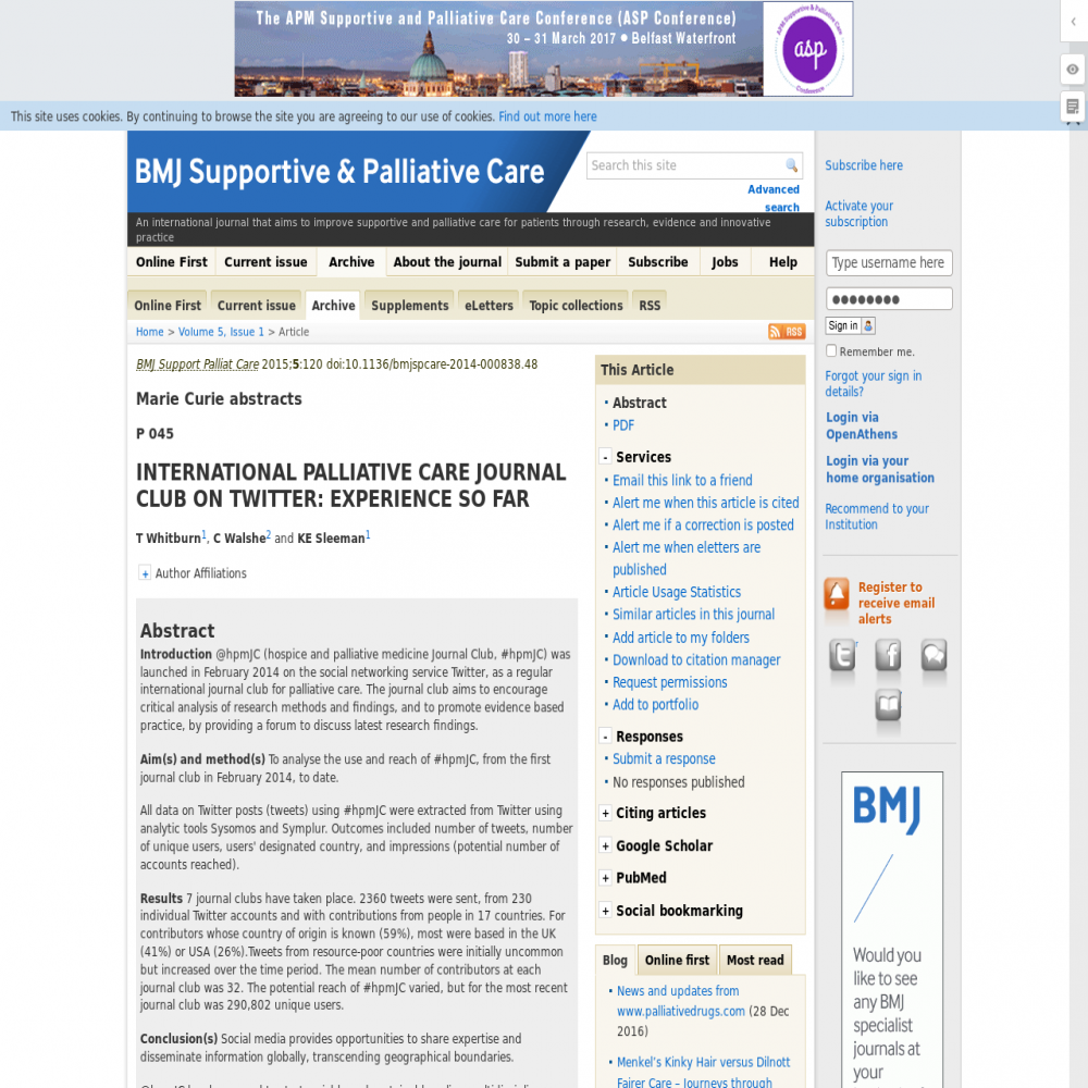 A healthcare social media research article published in BMJ Supportive and Palliative Care, March 1, 2015