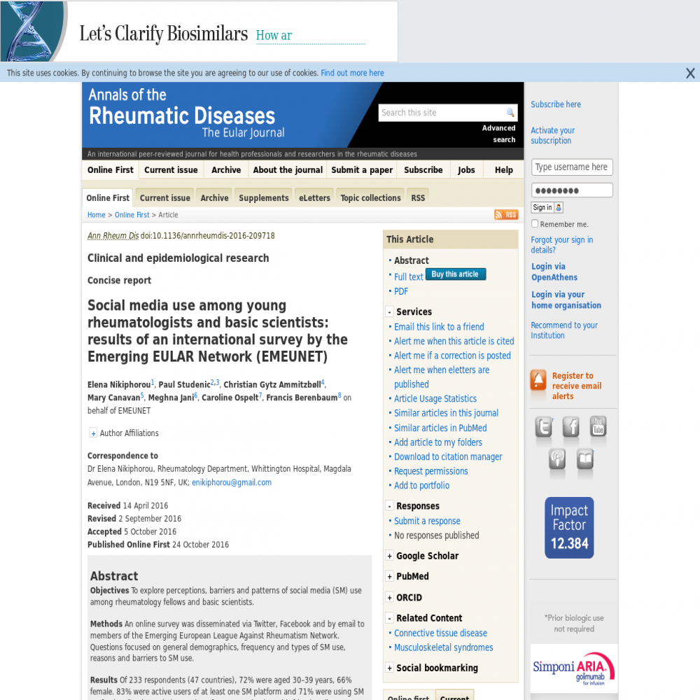 A healthcare social media research article published in Annals of the Rheumatic Diseases, October 24, 2016