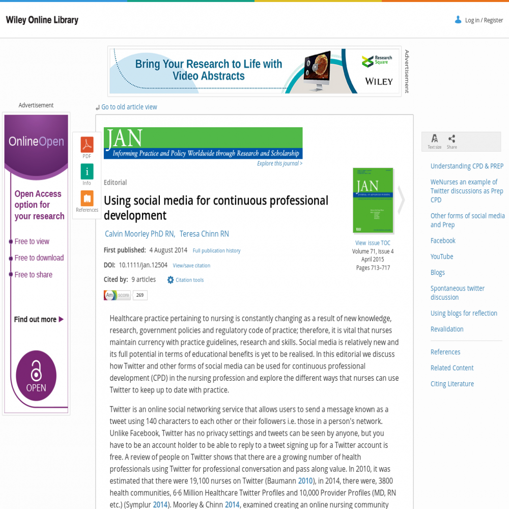 A healthcare social media research article published in Journal of Advanced Nursing, August 4, 2014