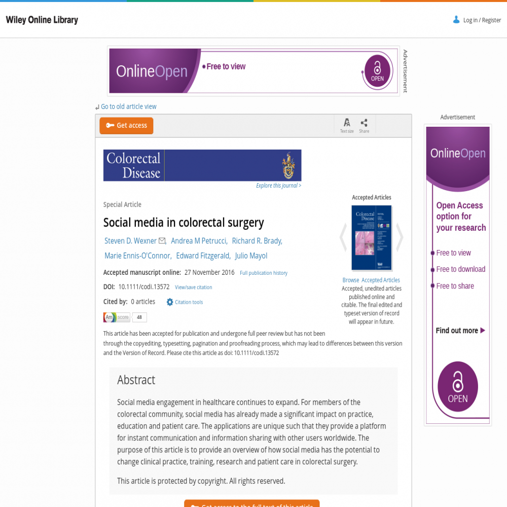 A healthcare social media research article published in Colorectal Disease, February 3, 2017