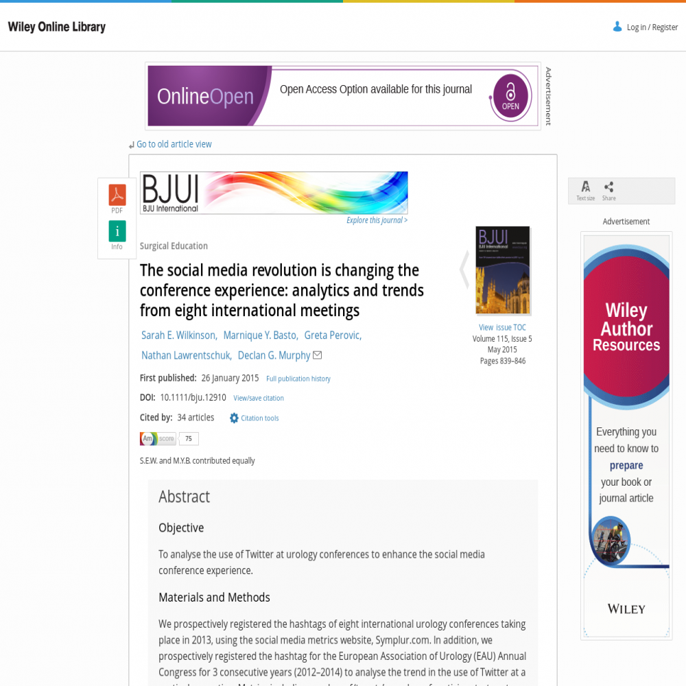 A healthcare social media research article published in British Journal of Urology, January 26, 2015