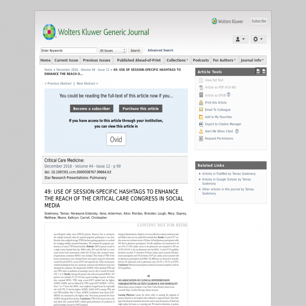 A healthcare social media research article published in Critical Care Medicine, December 1, 2016