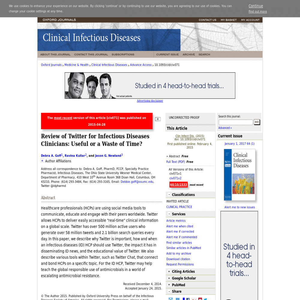 A healthcare social media research article published in Clinical Infectious Diseases, February 4, 2015