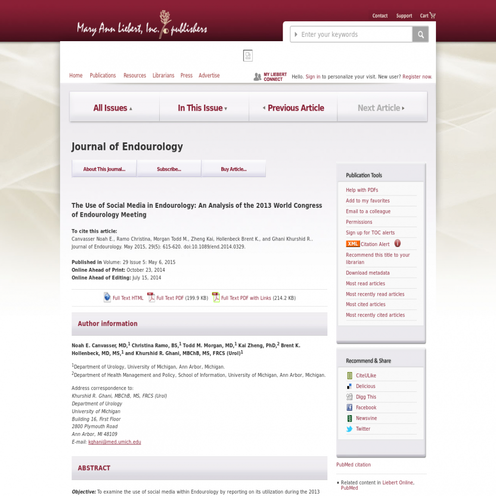 A healthcare social media research article published in Journal of Endourology, May 1, 2015