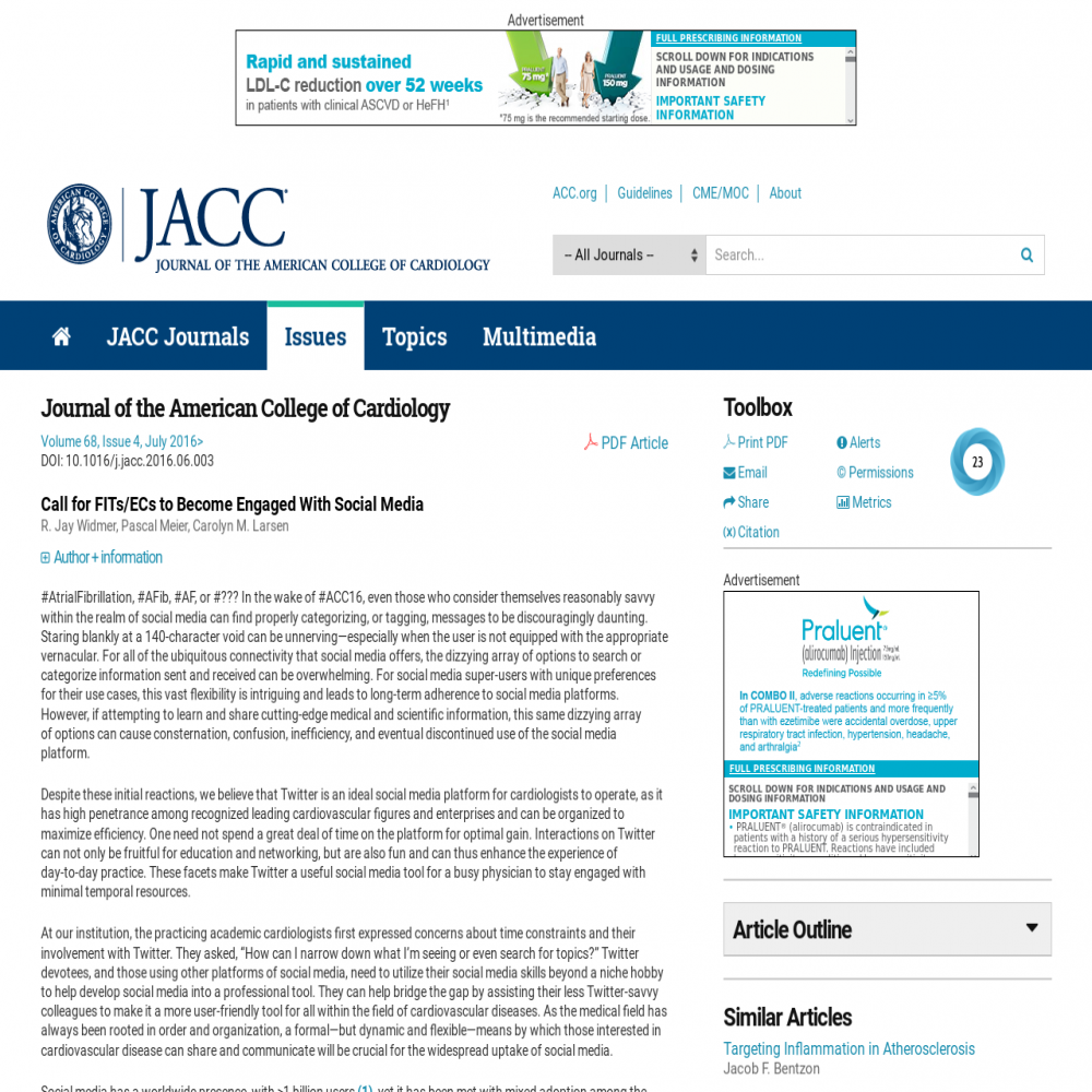 A healthcare social media research article published in Journal of the American College of Cardiology (JACC), July 1, 2016