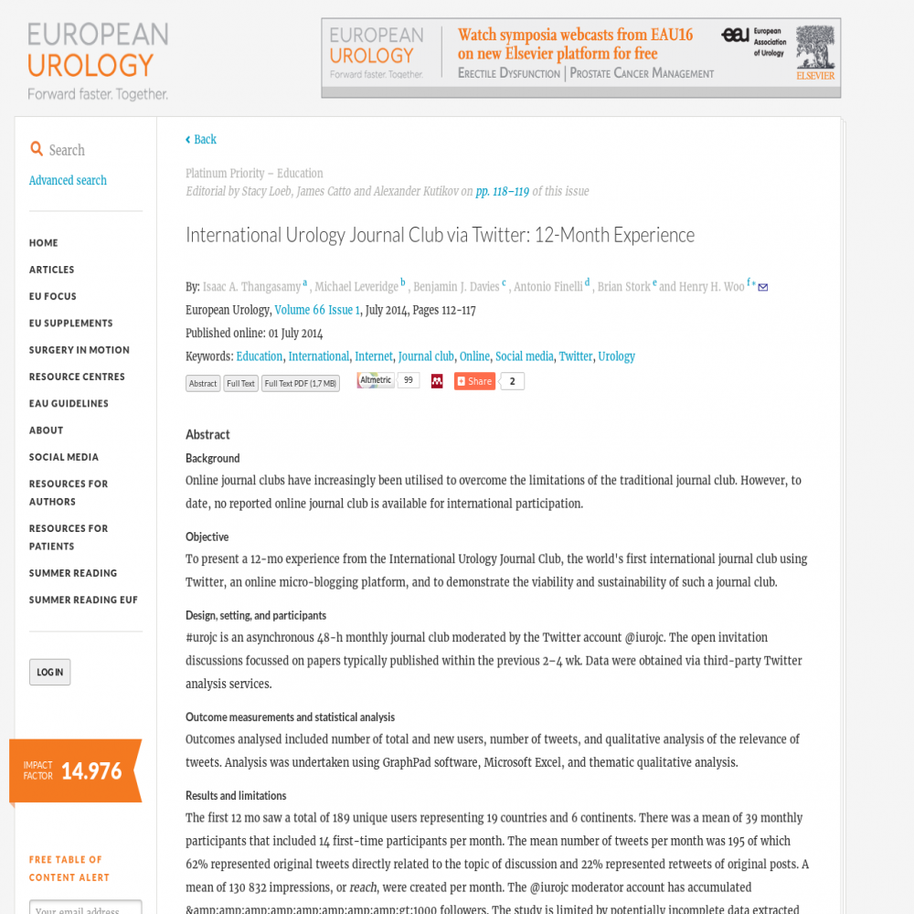 A healthcare social media research article published in European Urology, July 1, 2014