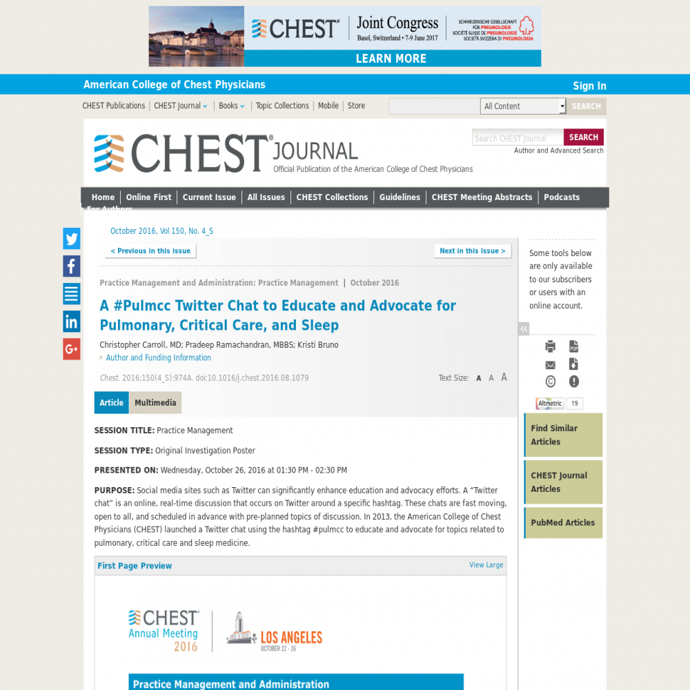 A healthcare social media research article published in CHEST, October 1, 2016