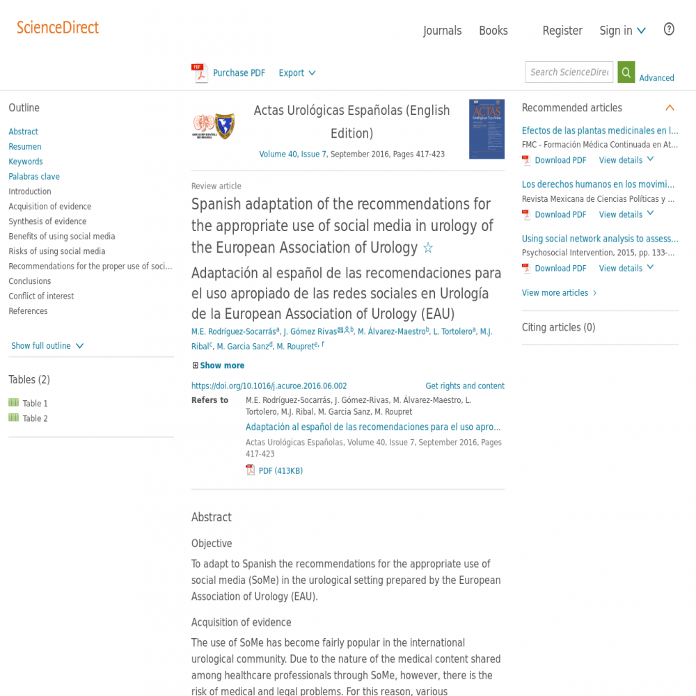 A healthcare social media research article published in Actas Urológicas Españolas, February 2, 2016
