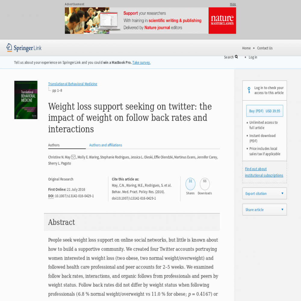 A healthcare social media research article published in Translational Behavioral Medicine, July 21, 2016