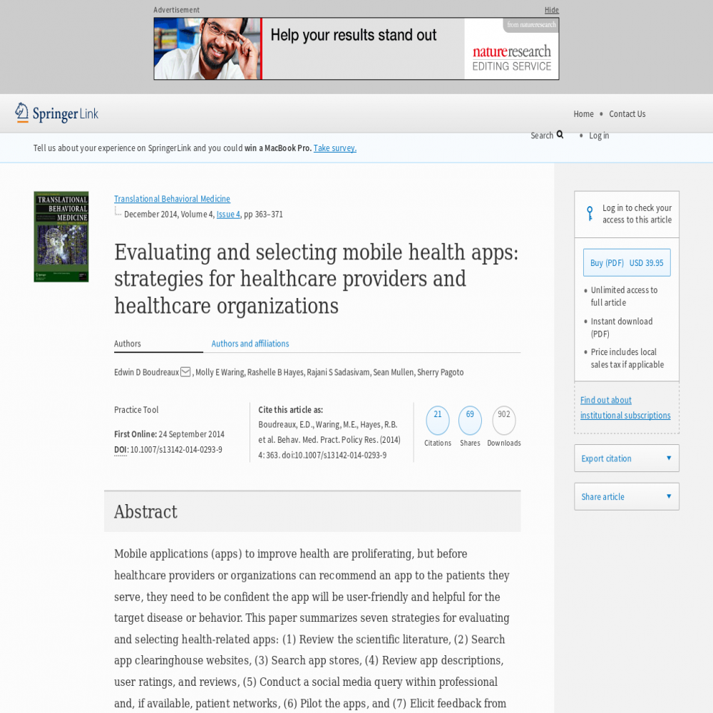 A healthcare social media research article published in Translational Behavioral Medicine, September 24, 2014
