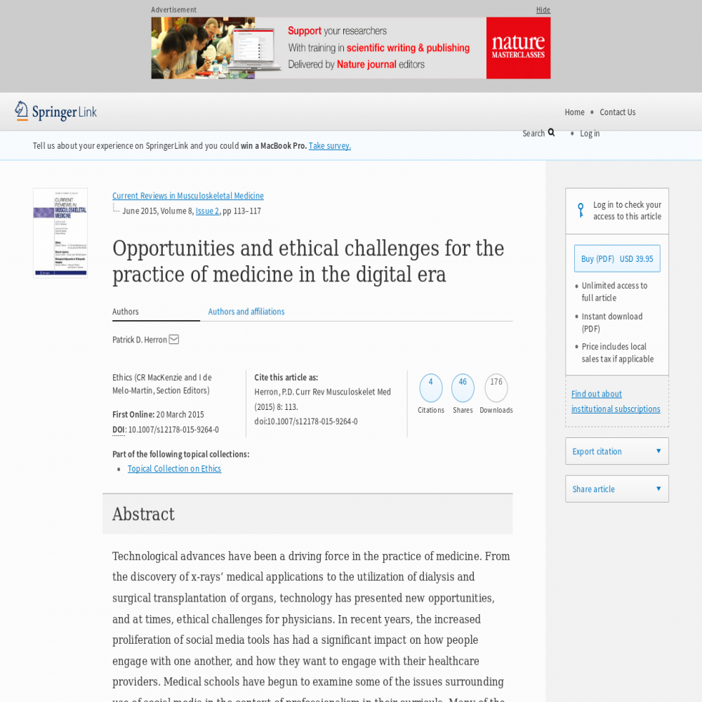 A healthcare social media research article published in Current Reviews in Musculoskeletal Medicine, March 20, 2015