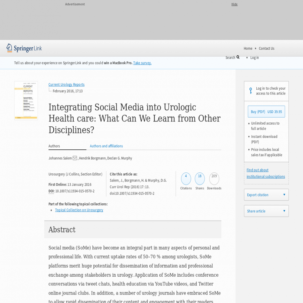 A healthcare social media research article published in Current Urology Reports, January 13, 2016